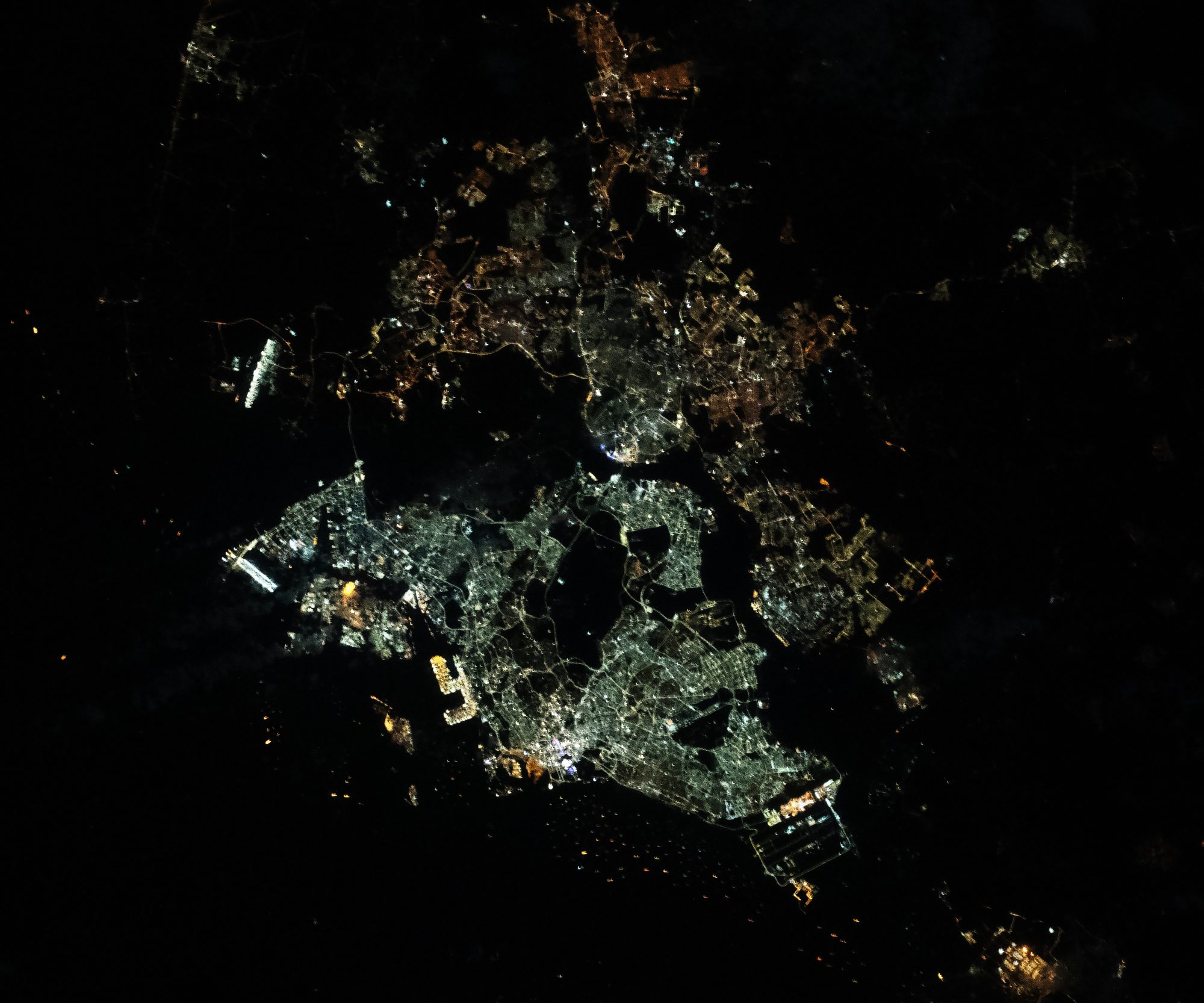 Singapore and Malaysia at night, photographed from the International Space Station